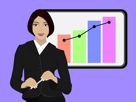 Business woman on the background of the monitor with chartsのイラスト素材