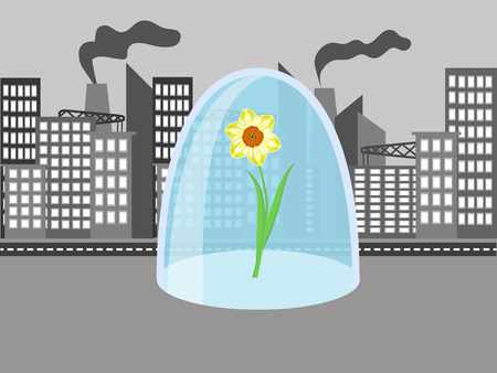 Flower under a glass cover on the grey background of the cityのイラスト素材