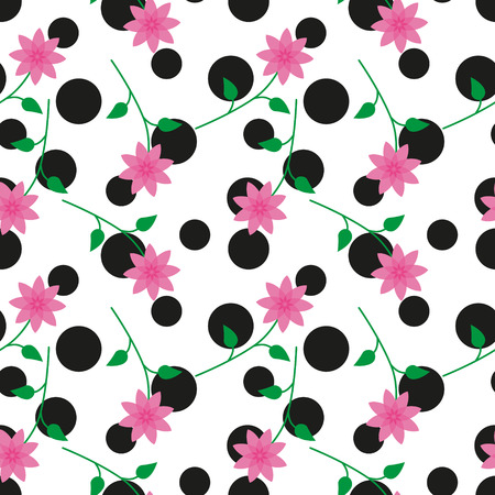 seamless pattern with black circles and flowers in the romantic styleのイラスト素材