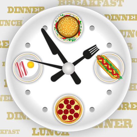 watch as a plate with scrambled eggs, a Burger, hot dog and pizzaのイラスト素材