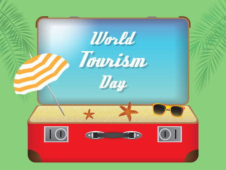 red suitcase with beach and sky with the inscriptionのイラスト素材