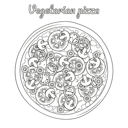 Vegetarian pizza with mushrooms, tomatoes, peppers and olives.のイラスト素材