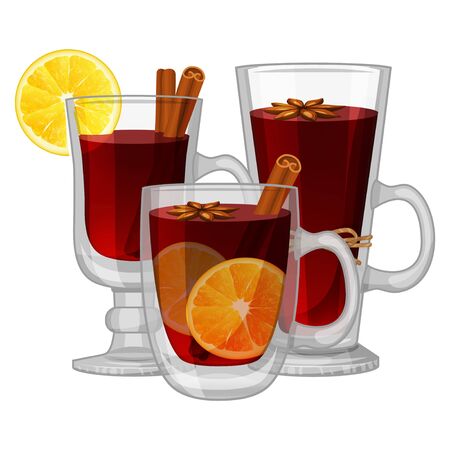 Set of mulled wine on white background. Sweet fruit. Xmas card. Vector holiday illustration. Cartoon style. Vector illustration. Isolated on white. Object for packaging, advertisements, menu.のイラスト素材