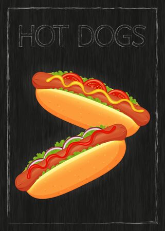 Tasty hot dog on wood black background. Vertical flyer. Object for packaging, advertisements, menu. Vector illustration. Fast food. Cartoon style.のイラスト素材