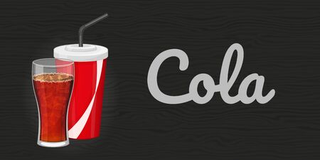 Glass and plastic cup of cola on wood black background. Horizontal flyer. Object for packaging, advertisements, menu. Vector illustration. Fast food. Cartoon style.のイラスト素材