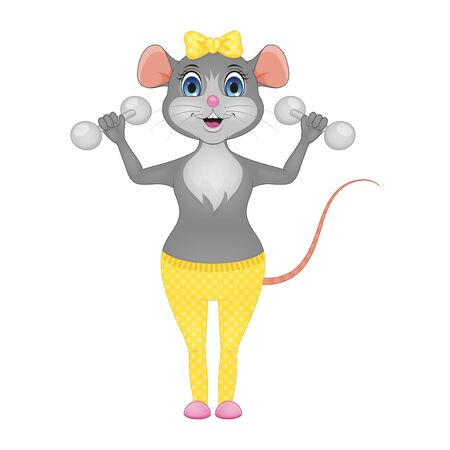 Mouse girl with dumbbells. Isolated on white. Cute character. White background. Vector Illustration.のイラスト素材