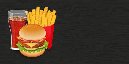 Set of cheeseburger, soda and french fries on wood black background. Horizontal flyer. Object for packaging, advertisements, menu. Vector illustration. Fast food. Cartoon style.のイラスト素材