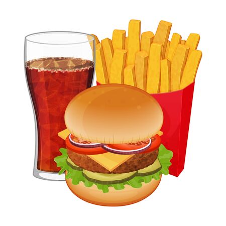 Set of cheeseburger, soda and french fries on white background. Fast food combo. Tasty meals. Cartoon vector illustration. Isolated on white. Object for packaging, advertisements, menu.のイラスト素材