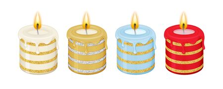 Set of beautiful holiday candles, blue, white, red and gold color on white background. Christmas symbol. Cartoon vector illustration. Isolated on white. Object for packaging, advertisements, design, greeting cards, invitations.のイラスト素材