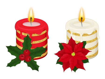 Set of beautiful holiday candles with decor, poinsettia and mistletoe on white background. Christmas symbol. Cartoon vector illustration. Isolated on white. Object for packaging, advertisements, design, greeting cards, invitations.のイラスト素材