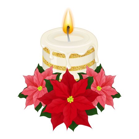 Set of beautiful holiday candles with decor poinsettia on white background. Christmas symbol. Cartoon vector illustration. Isolated on white. Object for packaging, advertisements, design, greeting cards, invitations.のイラスト素材