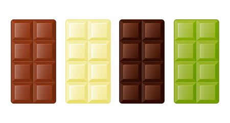 Collection of delicious chocolate, milk, dark, white and green chocolate on white background. Cartoon style. Vector illustration. Isolated on white. Object for packaging, advertisements, menu. Sweet food. Dessert meal.のイラスト素材