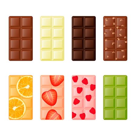 Collection of delicious chocolate, milk, dark, white, green and fruits chocolate on white background. Cartoon style. Vector illustration. Isolated on white. Object for packaging, advertisements, menu. Sweet food. Dessert meal.のイラスト素材