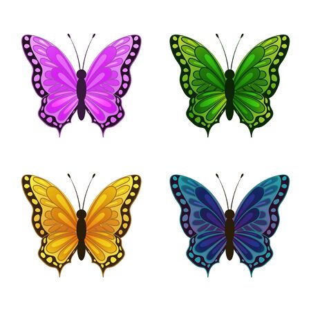 Set of beautiful butterfly, blue, pink, yellow and green color on white background. Cartoon vector illustration. Isolated on white. Object for packaging, advertisements, design, greeting cards, invitations.のイラスト素材