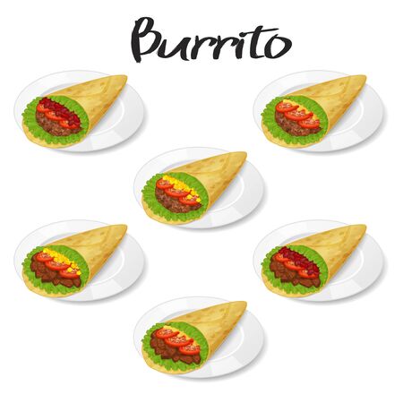 collection of tasty mexican burrito on plate icon on white background. Realistic style. Vector illustration. Isolated on white. Object for packaging, advertisements, menu.のイラスト素材