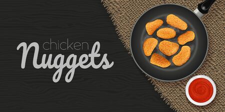 Delicious chicken nuggets on frying pan with sauce on canvas fabric on wood black background. Horizontal flyer. Object for packaging, advertisements, menu. Vector illustration. Realistic.のイラスト素材