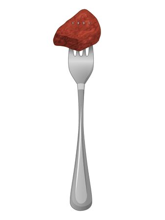 Piece of meat on a fork on white background. Object for packaging, advertisements, menu. Isolated on white. Vector illustration. Cartoon.のイラスト素材
