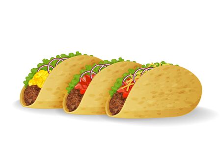 composition from tasty tacos icons on white background. Realistic style. Vector illustration. Isolated on white. Object for packaging, advertisements, menu.のイラスト素材