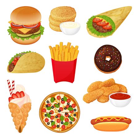 set of fast food icons on white background. Cartoon style. Vector illustration. Isolated on white. Object for packaging, advertisements, menu. Burger, pizza, burito, tacos, hotdog.のイラスト素材