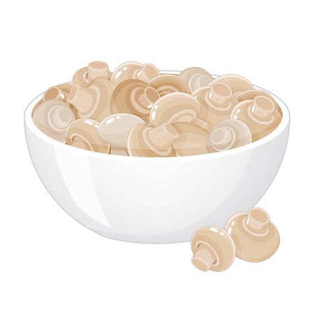 fresh mushrooms in bowl on white background. Cartoon style. Vector illustration. Isolated on white. Object for packaging, advertisements, menu.のイラスト素材