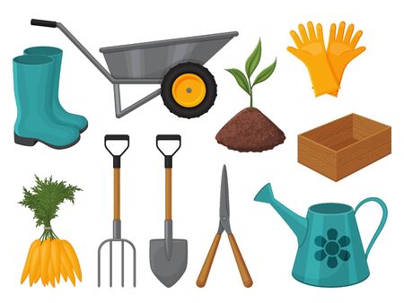 Collection of garden tools on a white background. Isolated object on a white background. Cartoon styleのイラスト素材