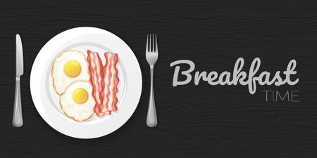 Fried eggs and bacon on wood black background. Horizontal flyer. Object for packaging, advertisements, menu. Vector illustration. Cartoon.のイラスト素材