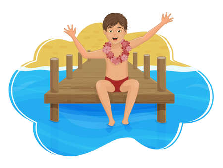The boy is sitting on the pier, against the background of the sea and the beach. Paradise island. Cartoon style. Object for greeting, packaging, advertising, or template. Vector illustration.のイラスト素材