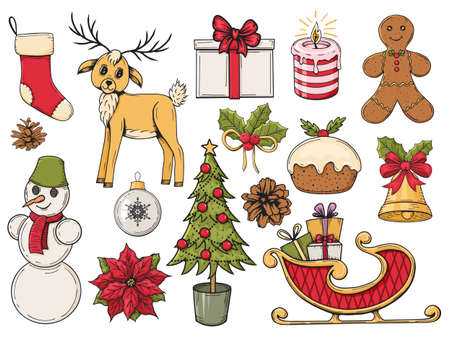 Set of colorful hand drawn christmas elements. Traditional winter objects. Snowman, flower, cupcake, candy, deer, gift, sock, tree, sleigh, balloon, poinsettia, candle, santa. Vector illustration. Isolated on white. Object for packaging, advertisements, menu.のイラスト素材