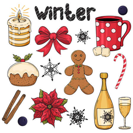 Set of colorful hand drawn winter elements. Christmas traditional objects. Poinsettia, cinnamon, cupcake, cup, candy, bow. Vector illustration. Black and white. Isolated on white. Object for packaging, advertisements, menu.のイラスト素材