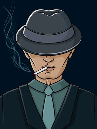 Mafia man with a hat and a cigarette. Gangster. Vector illustration. Hand drawn object for design, advertisements.のイラスト素材
