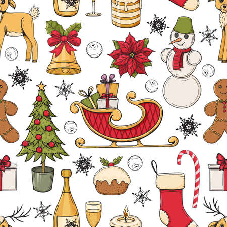 Hand drawn colorful seamless pattern with christmas elements on white background. Doodle. Endless texture for packaging, advertisements, design. Vector illustration.のイラスト素材