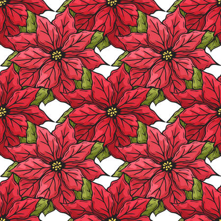 Hand drawn seamless pattern from red poinsettia. Doodle. Endless texture for packaging, advertisements, design. Vector illustration.のイラスト素材