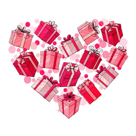 Heart made from pink gifts. Boxes for the holiday. Hand drawn object. Vector illustration. Isolated on white.のイラスト素材