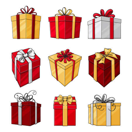 set of boxes with bows, gifts for the holiday. Hand drawn objects. Vector illustration. Isolated on white.のイラスト素材