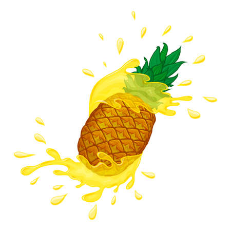 Pineapple with splashes. Hand drawn objects. Cartoon style. Vector illustration. Isolated on white.のイラスト素材