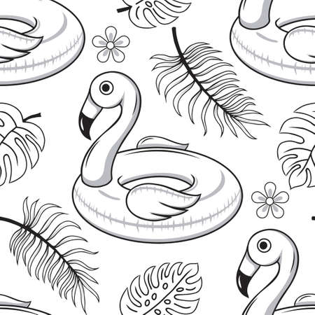 seamless pattern from rubber ring for swimming, flamingo and tropical leaves. Vector illustration. Hand drawn, sketch.のイラスト素材