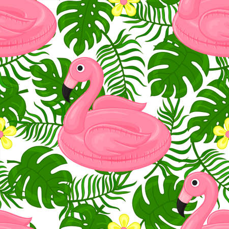 seamless pattern from rubber ring for swimming, flamingo and tropical leaves. Vector illustration. Cartoon style.のイラスト素材