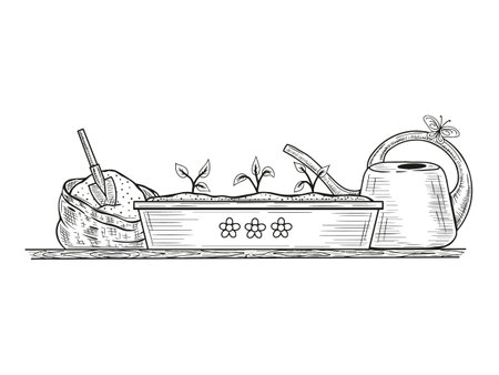 Spring image. Garden tools on white background. Isolated object on a white background. Hand drawn line art. Vector illustration.のイラスト素材