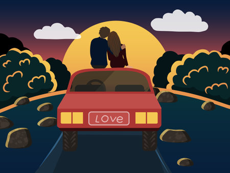 A couple in love is sitting on a car, against the background of the sunset. Evening landscape. Vector illustration. Cartoon style.のイラスト素材