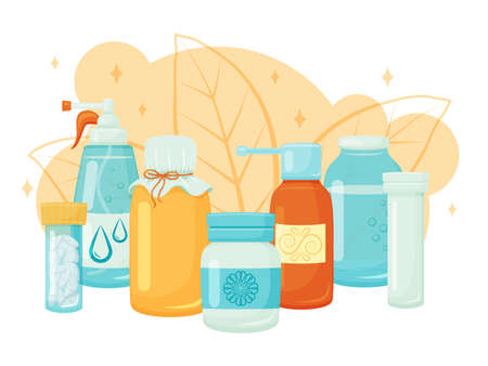 Medical supplies, medicines, tablets and liquids. Vector illustration. Cartoon style.Healthcare, pharmacy.のイラスト素材