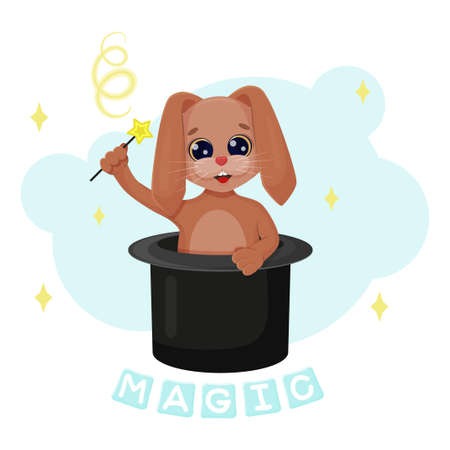 Cute rabbit baby with a magic wand in a hat. Vector children illustration.のイラスト素材