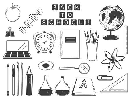 collection of monochrome school accessories. Isolated on white. Vector illustration. Set of office supplies. Black and white.のイラスト素材