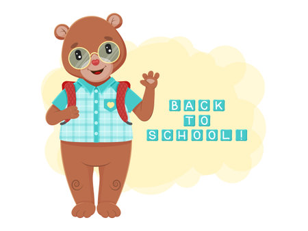 cute little bear, schoolboy on yellow background. Vector children illustration. Cartoon style.のイラスト素材