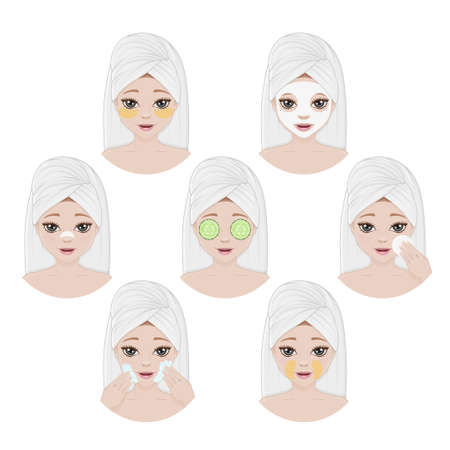 Collection of womens faces with different ways of skin care and cleaning. Beauty treatments. Vector illustration. Isolated on white. Cartoon style.のイラスト素材