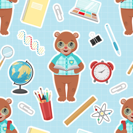 school seamless pattern. Vector illustration. Endless texture with office supplies. Cartoon style.のイラスト素材