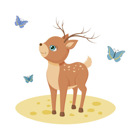 Cute deer baby with and butterfly. Kawaii character. Vector children illustration. Isolated on white.のイラスト素材