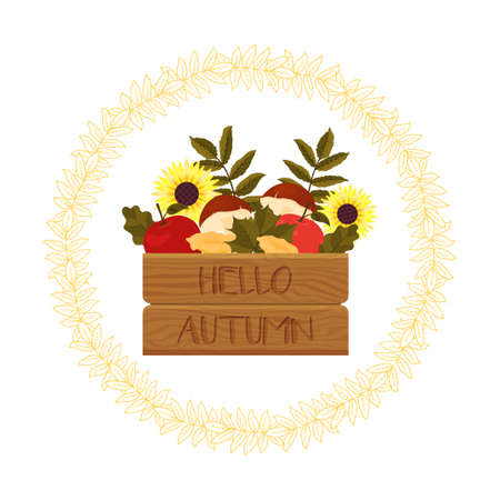 Hello autumn. Beautiful frame with box and the harvest and leaves. Cartoon style. Vector illustration. Greeting card.のイラスト素材