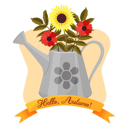Hello autumn. Beautiful frame with watering can and flowers. Cartoon style. Vector illustration. Greeting card.のイラスト素材