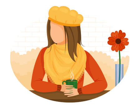 cute girl drinking coffee in a cafe. Autumn picture. Cartoon style. Vector illustration.のイラスト素材