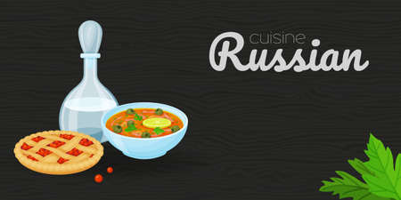 Traditional russian food. Soup, pie and vodka on wood black background. Horizontal flyer. Vector illustration. Cartoon style.のイラスト素材